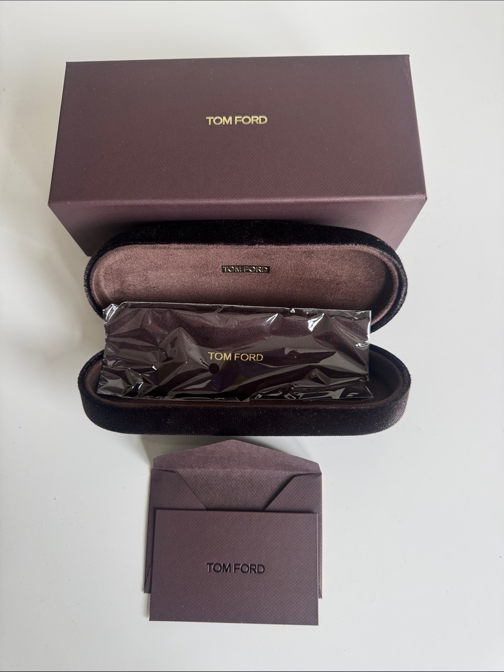 Tom Ford glasses case, box and lens cleaner in brown - authentic